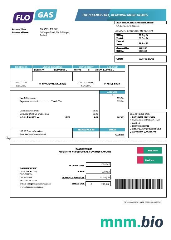 Irlandia Flogas gaz ziemny rachunek za usługi komunalne szablon w formacie Word i PDF